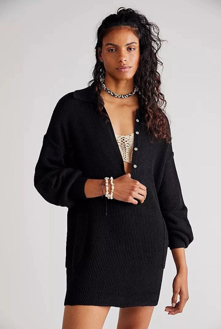 Free People FP Beach Linen Blend Picnic Sweater mini dress L Black Slouchy Chic